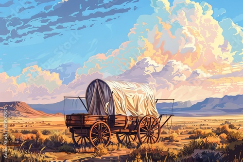 American Pioneers Wagon with Tent, Old Wooden Emigrant Carriage, Wild West Cart Flat photo