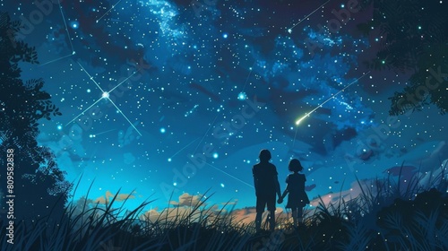 young couple stargazing on a warm summer night under a blue sky with a green tree in the background