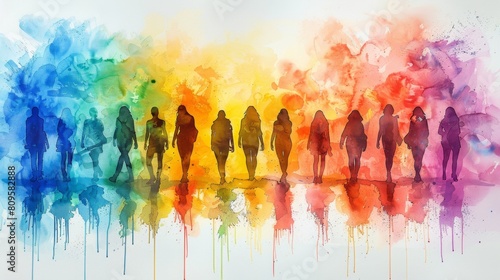 Rainbow flag, support lesbians, several people silhouettes, illustration, rainbow, cute watercolor, acrylic, strong texture, gentle colors, pride day, pride month, 4k hd background, diversity, pride, 