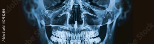 Close-up X-ray showcasing the fine details of the human cranial sutures and sinus cavities, with a deep black background to enhance visual contrast.