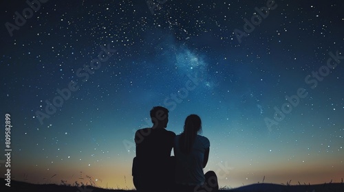 young couple stargazing on a warm summer night under a clear blue sky, with one person's long hair flowing in the breeze
