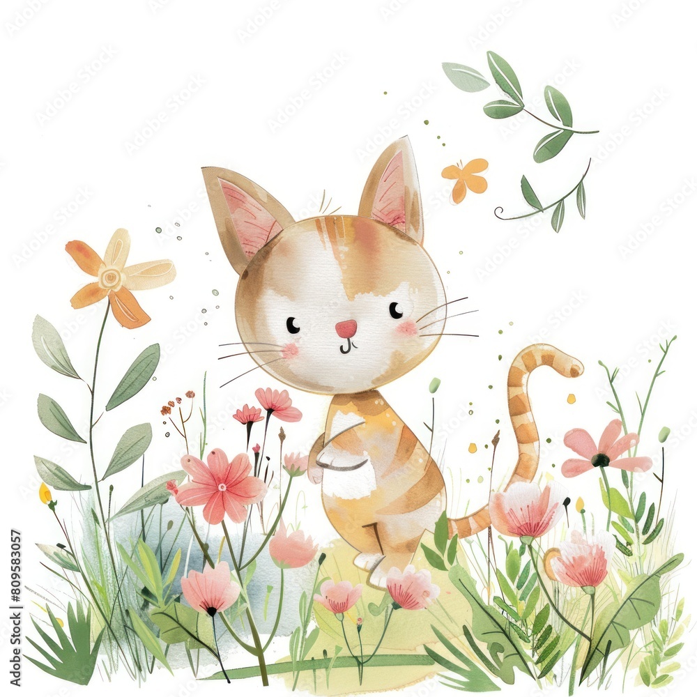 A brown and white cat with orange stripes sits in a field of flowers and greenery. For children's books, cards and other children's projects. A brown and white cat with orange stripes sits in a field of flowers and greenery. For children's books, cards and other children's projects.
