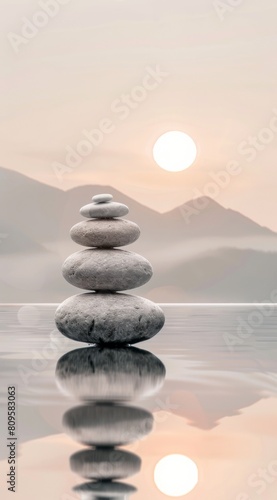  Photo of modern minimalist design  zen stones stacked on top of each other with a beautiful reflection in the water  zen mountains and sun behind  clean and simple designs with a
