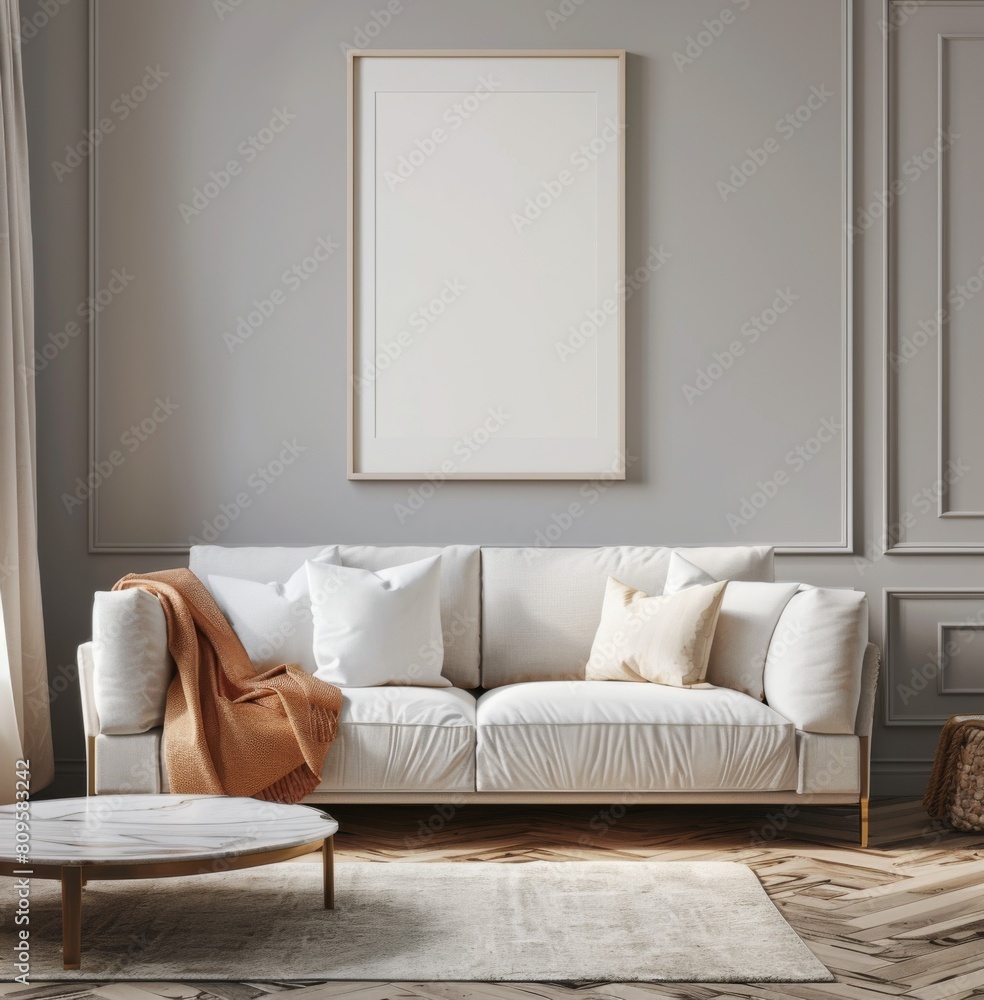 Photorealistic, minimalist interior design of a living room with grey walls and a white sofa Photorealistic, minimalist interior design of a living room with grey walls and a white sofa