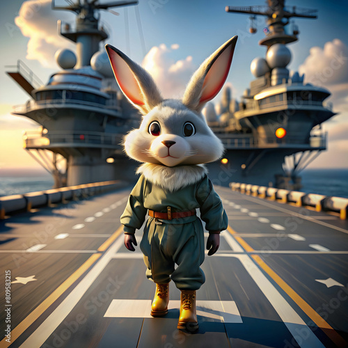 A Cute Fluffy Rabbit Pilot Strolling Through a Military Base