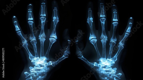 Detailed X-ray of human hands, bones visible, soft blue on black background, medical diagnostic photo