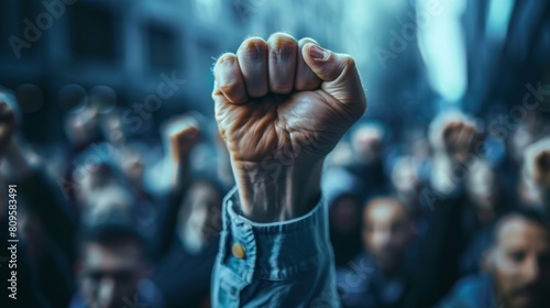 A leader standing in front of a crowd, their fist raised in a call to action, with followers echoing the gesture, portraying strength and solidarity.