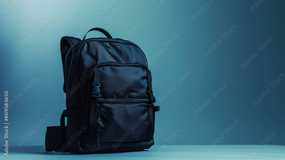 A black backpack on a blue background, ready for educational or travel adventures. A black backpack on a blue background, ready for educational or travel adventures.