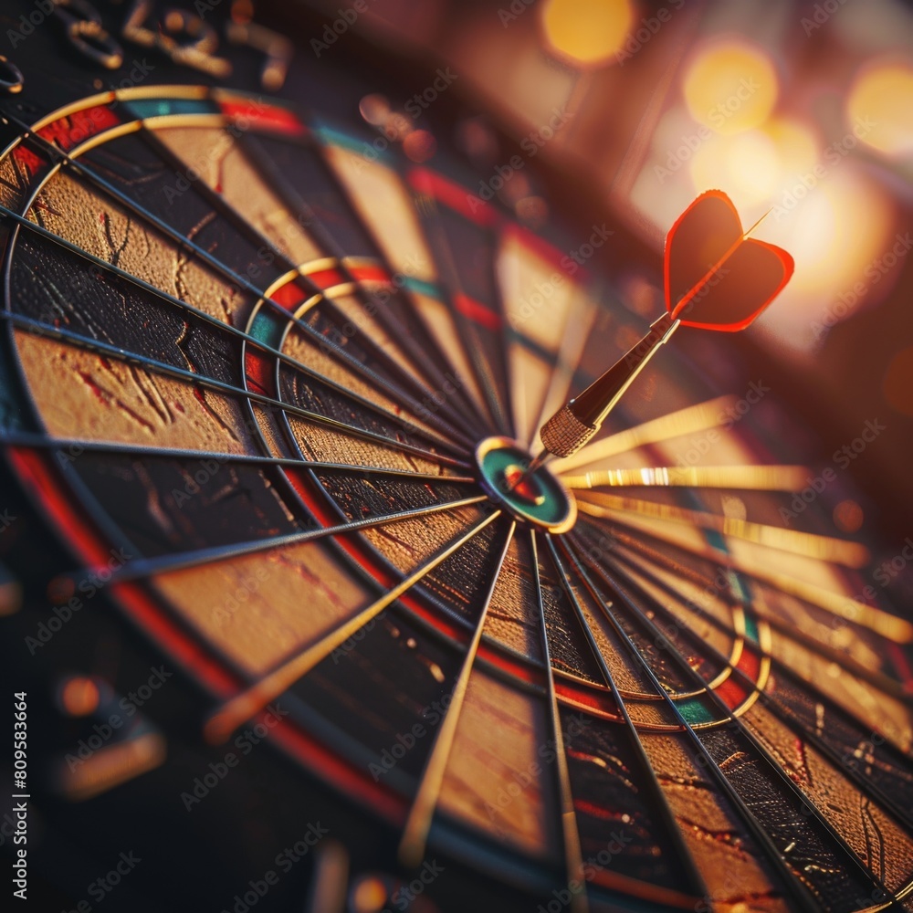 Fototapeta premium Dynamic close-up shot of a dart piercing the bullseye on a dartboard, with a blurred background emphasizing focus and pinpoint precision.