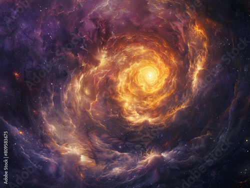 A beautiful spiral in outer space explodes above a star in a psychedelic realism style