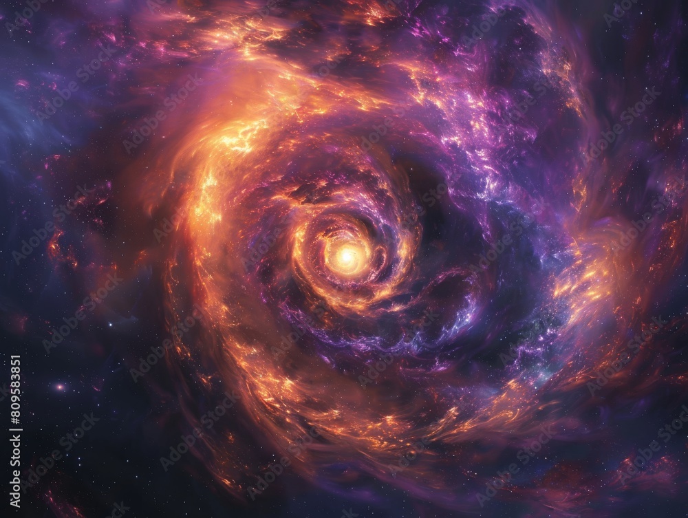 A beautiful spiral in outer space explodes above a star in a psychedelic realism style A beautiful spiral in outer space explodes above a star in a psychedelic realism style