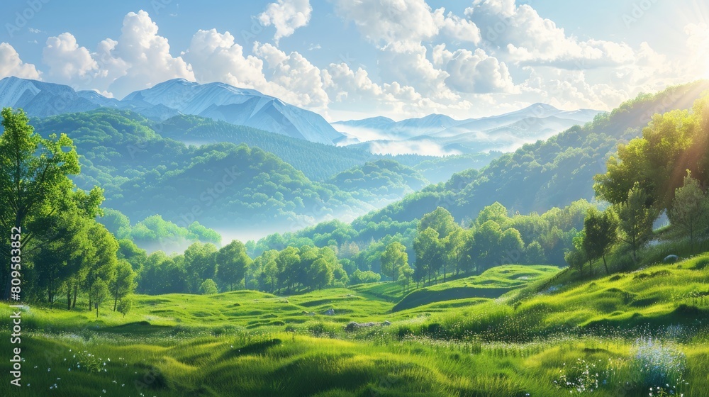 Landscape filled with greenery at morning with sunlight peeking through hills and cloudless sky