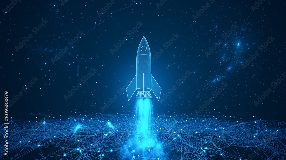 Naklejka premium The concept of a business startup. The rocket takes off. Business project development plan, Digital technologies and leadership