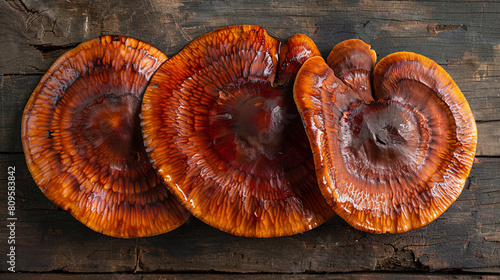Ganoderma lucidum mushroom on wooden background photo