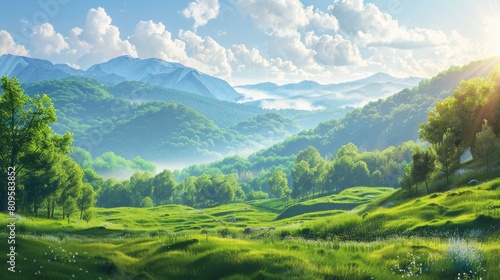 Landscape filled with greenery at morning with sunlight peeking through hills and cloudless sky © LukaszDesign