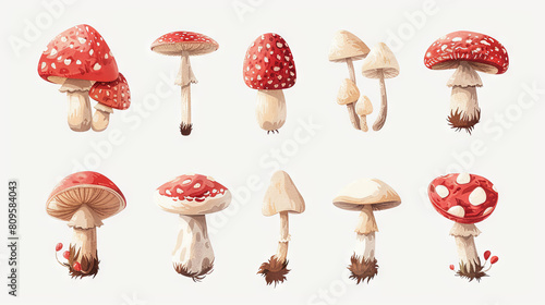 Mushroom set of manita muscaria, commonly known as the fly agaric or fly amanita