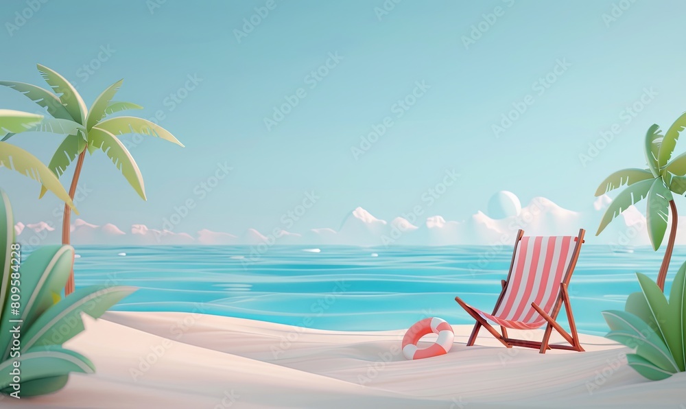 3D cartoon illustration of lounge beach with summer vibes, copy space.