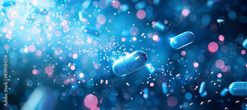 Flying pills capsules on the blue background photo