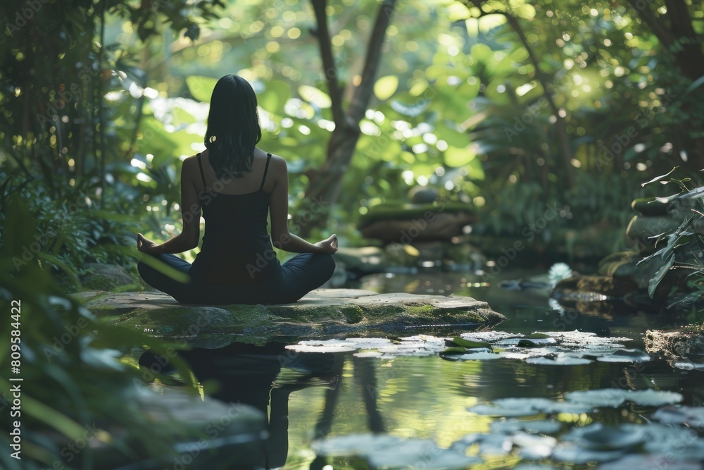 A woman is sitting in a forest by a river, practicing yoga A woman is sitting in a forest by a river, practicing yoga