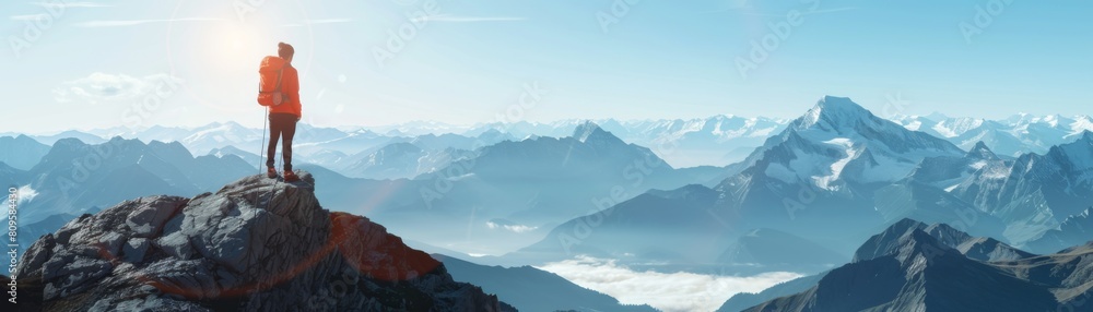 Naklejka premium Climber at the summit, looking out over the vast mountain range, reflecting on the journey and the beauty of nature