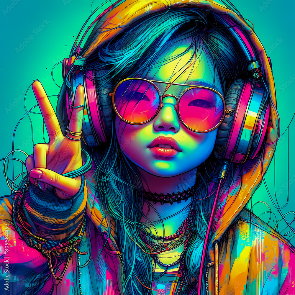 Digital art vibrant colorful cool hiphop baby wearing headphones vibin to music