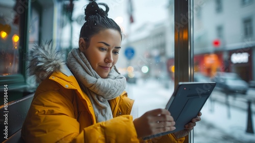 A happy woman in a yellow jacket with a scarf is sitting at the bus stop and using her tablet. An outside view shows a snowing street