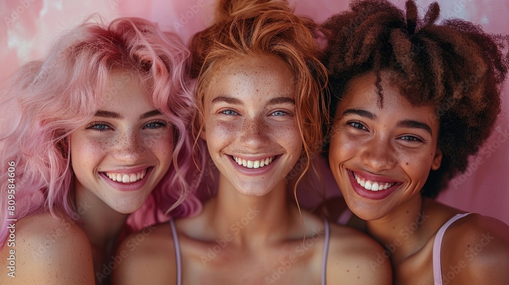 Three women are smiling and wearing pink bikinis Three women are smiling and wearing pink bikinis