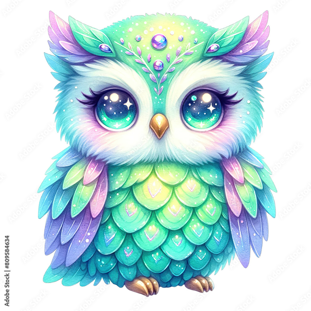 Sparkling Glitter  Colorful Owl Watercolor