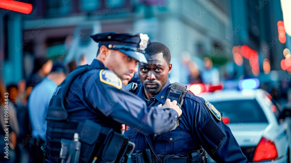 A man in a police uniform stands alongside a police officer in preparation for an emergency situation. A man in a police uniform stands alongside a police officer in preparation for an emergency situation.