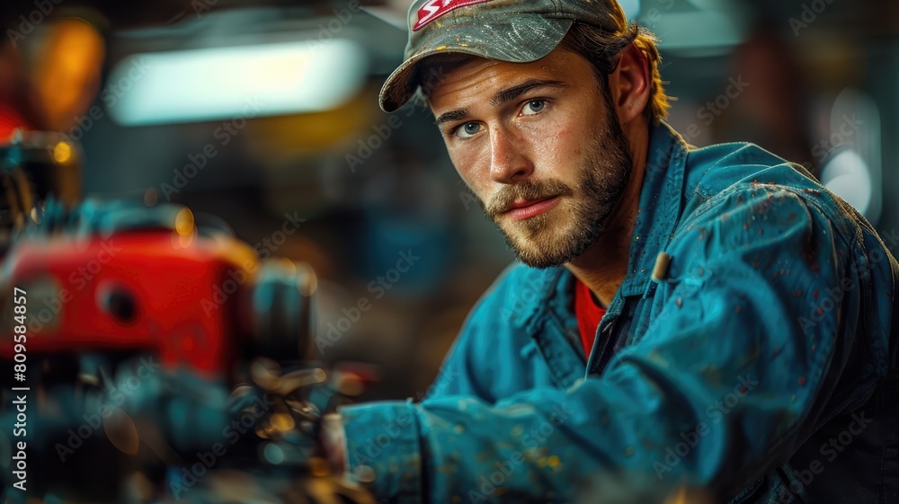 A man in a blue jacket is pouring oil into a car engine A man in a blue jacket is pouring oil into a car engine
