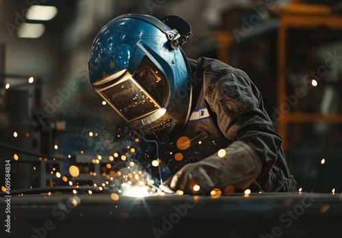 W andersen welding in a factory, sparks flying around, wearing a blue helmet and a dark jacket with a white patch on the chest photo