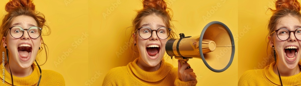 Fototapeta premium In this composite photo collage, a girl holds a bullhorn to promote the voting process and laughs in emotion on an isolated painted background and appears happy and excited