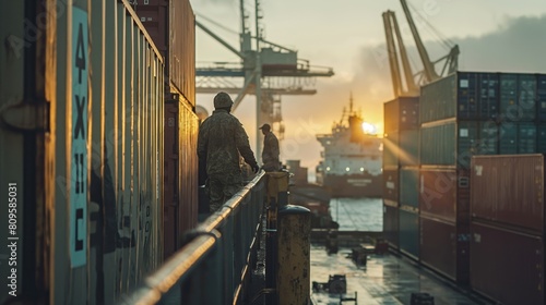 A military soldier stands on the edge of an industrial container containing stacked shipping containers.