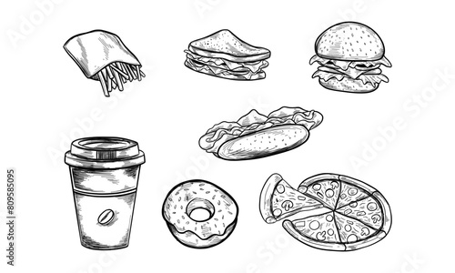 Fastfood dishes with drinks . Vector Hand drawn Isolated vector objects. Hamburger  pizza  hot dog  cheeseburger  coffee cup  french fries  donut  sandwich