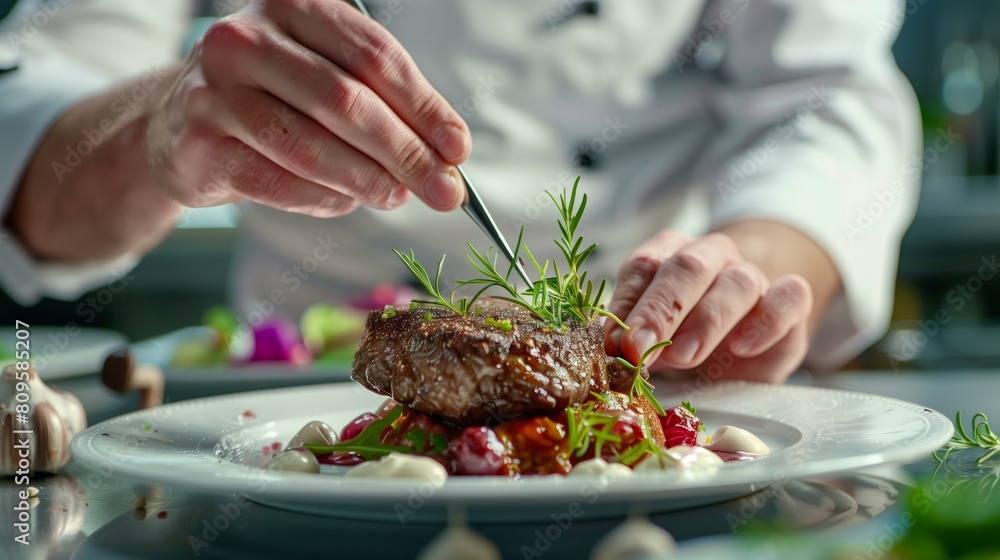 Close-up view A chef meticulously plating a dish, arranging ingredients Close-up view A chef meticulously plating a dish, arranging ingredients
