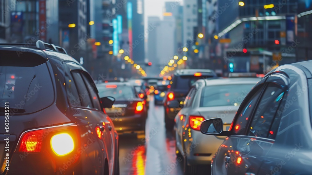 Rear view shows a traffic jam of many cars on a big city road. Rear view shows a traffic jam of many cars on a big city road.