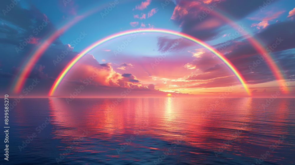 A breathtaking landscape at dusk, featuring a calm sea adorned with vibrant hues that mirror the double rainbow arching across the sky.