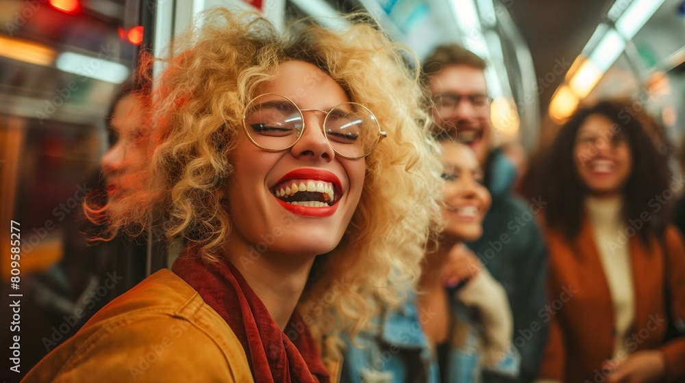 Close-up view of young woman and friends laughing together on a crowded on a bus