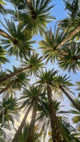 Tropical palm canopy against blue sky