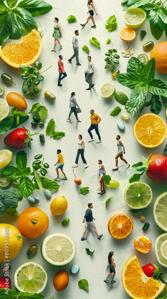 diverse group of people engaging in various healthy activities, with subtle elements like fruits and vegetables to highlight the importance of nutritional supplements in a balanced lifestyle diverse group of people engaging in various healthy activities, with subtle elements like fruits and vegetables to highlight the importance of nutritional supplements in a balanced lifestyle