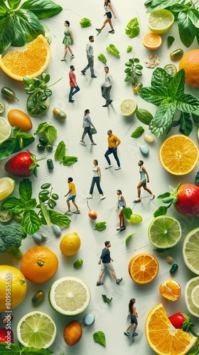 diverse group of people engaging in various healthy activities  with subtle elements like fruits and vegetables to highlight the importance of nutritional supplements in a balanced lifestyle