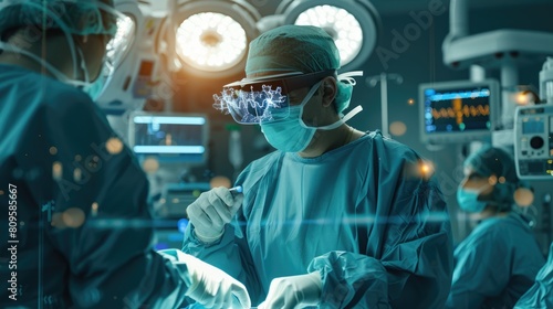 A surgeon, immersed in virtual reality, performs surgery on a patient in an electric blue-lit operating room, blending science, engineering, and the art of fiction. AIG41