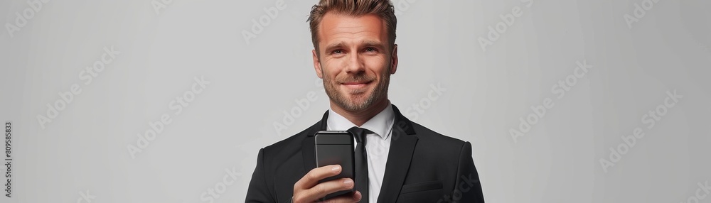 Gray smartphone with portrait of businessman holding suit and smiling Gray smartphone with portrait of businessman holding suit and smiling