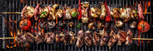 Grilled Lule Kebab, Barbecue Vegetables, Fish on Grill Big Set, Skewered Bbq Minced Meat Mix photo