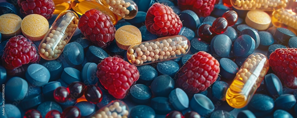 A wicker basket overflowing with vibrantly colored Easter eggs nestled amongst fresh spring berries A wicker basket overflowing with vibrantly colored Easter eggs nestled amongst fresh spring berries