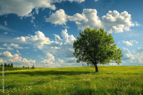 Serene Solitary Tree in Lush Green Meadow Under Blue Sky with Clouds