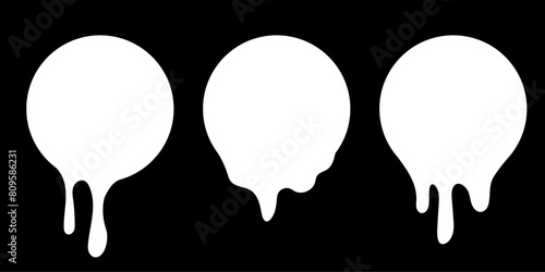 Paint drip circle labels. White paint liquid. Ink drop set. White inkblot.