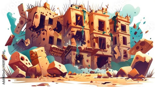 Defected building  damage from a disaster  catastrophe or war  cartoon modern illustration