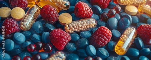 A wicker basket overflowing with vibrantly colored Easter eggs nestled amongst fresh spring berries photo