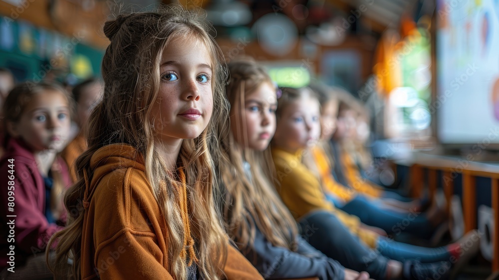 A group of children are sitting in a classroom watching a movie A group of children are sitting in a classroom watching a movie